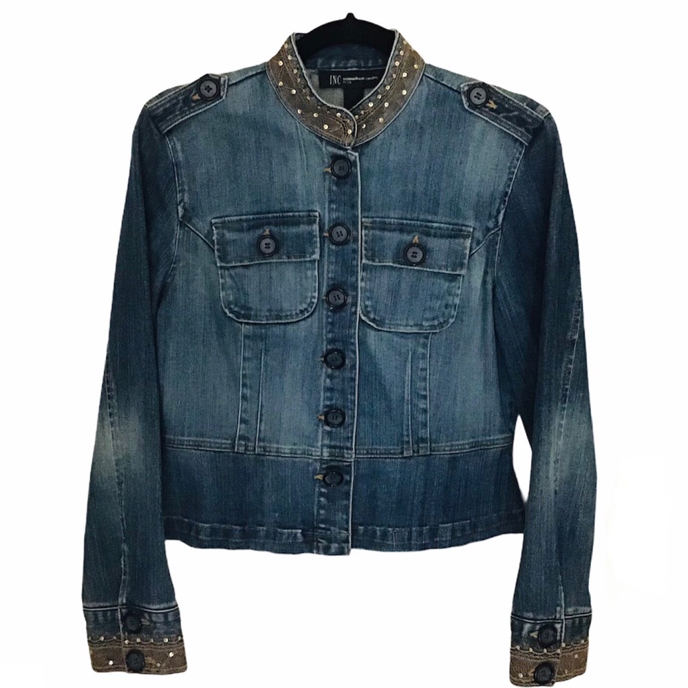 INC EmbellishedGold Sequined Jean Jacket Petite